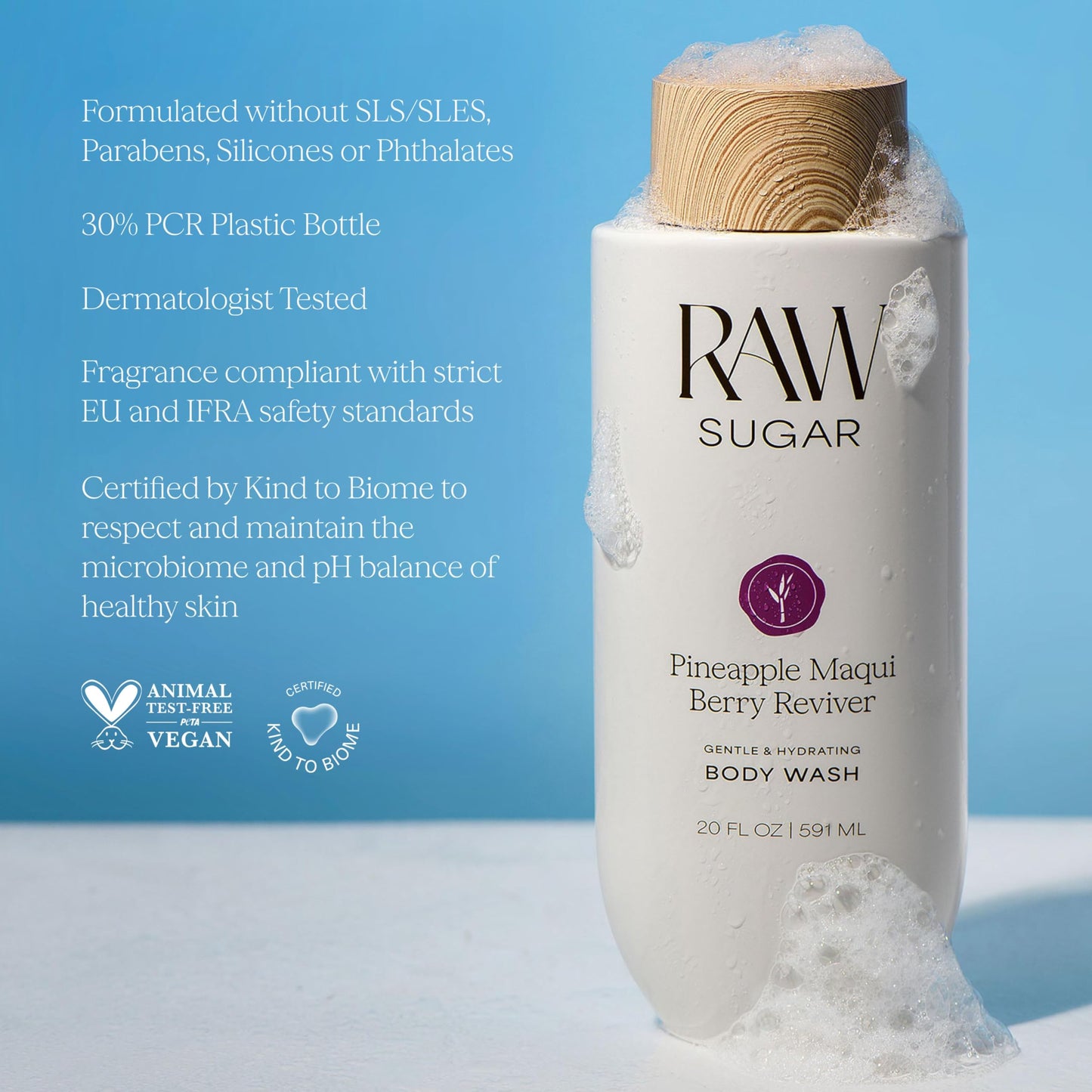 RAW SUGAR Pineapple Maqui Berry Reviver Gentle & Hydrating Body Wash, 20 Fl Oz (Pack of 3), Moisturizing & Smoothing Bath & Shower Gel, Vegan, Formulated without SLS/SLES & Parabens