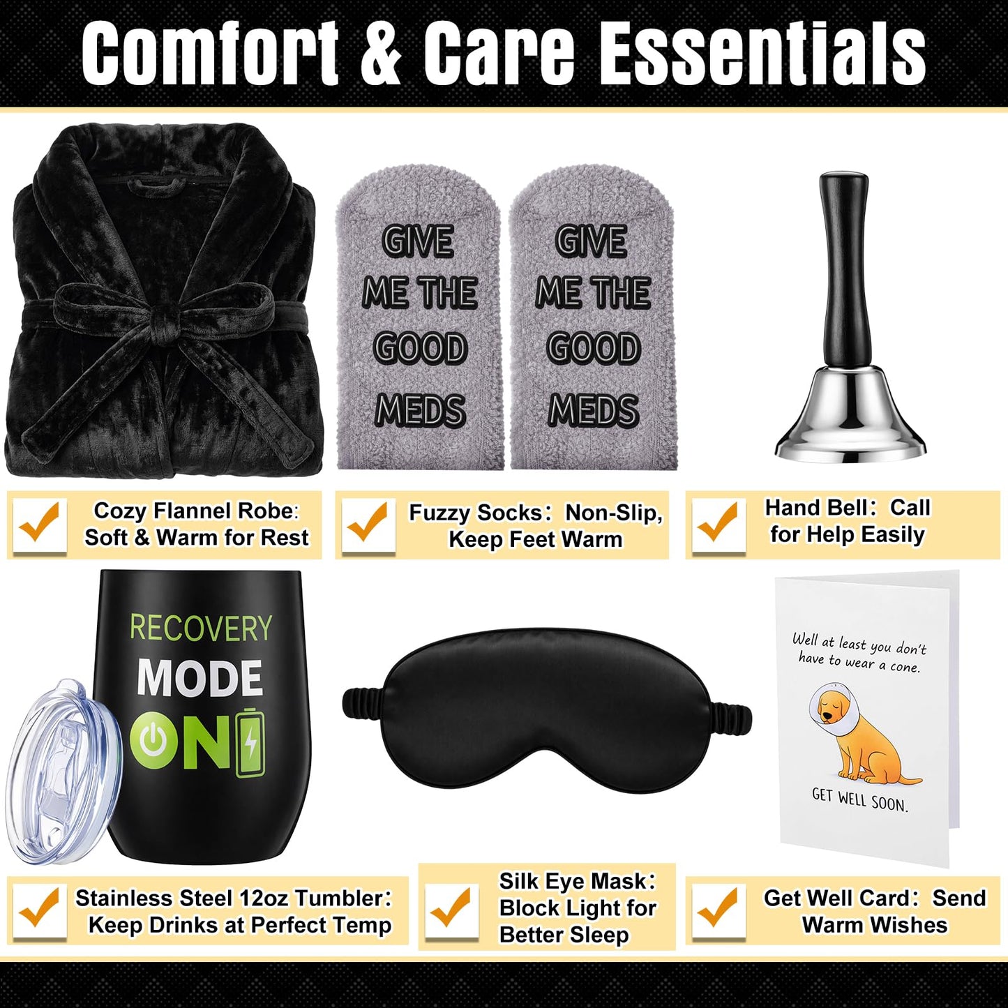 Patelai 6 Pack Get Well Soon Gifts Care Package for Men After Surgery, Unhooded Robe 12oz Tumbler Fuzzy Socks Funny Card Bell Get Well Soon Gift Basket for Dad Husband Recovery Chemo Care(Black)