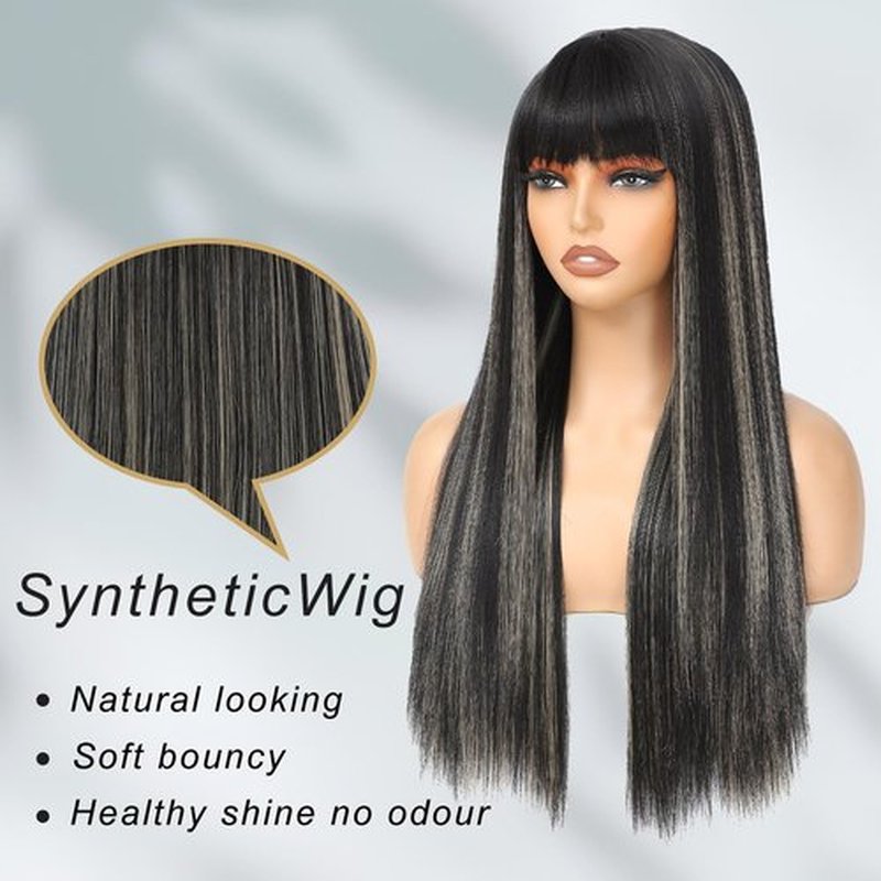 Amarlis Black with Blonde Wigs for Women, Long Straight Stripes Color Wigs with Bangs, Natural Looking Soft Synthetic Fiber Wig for Daily Party