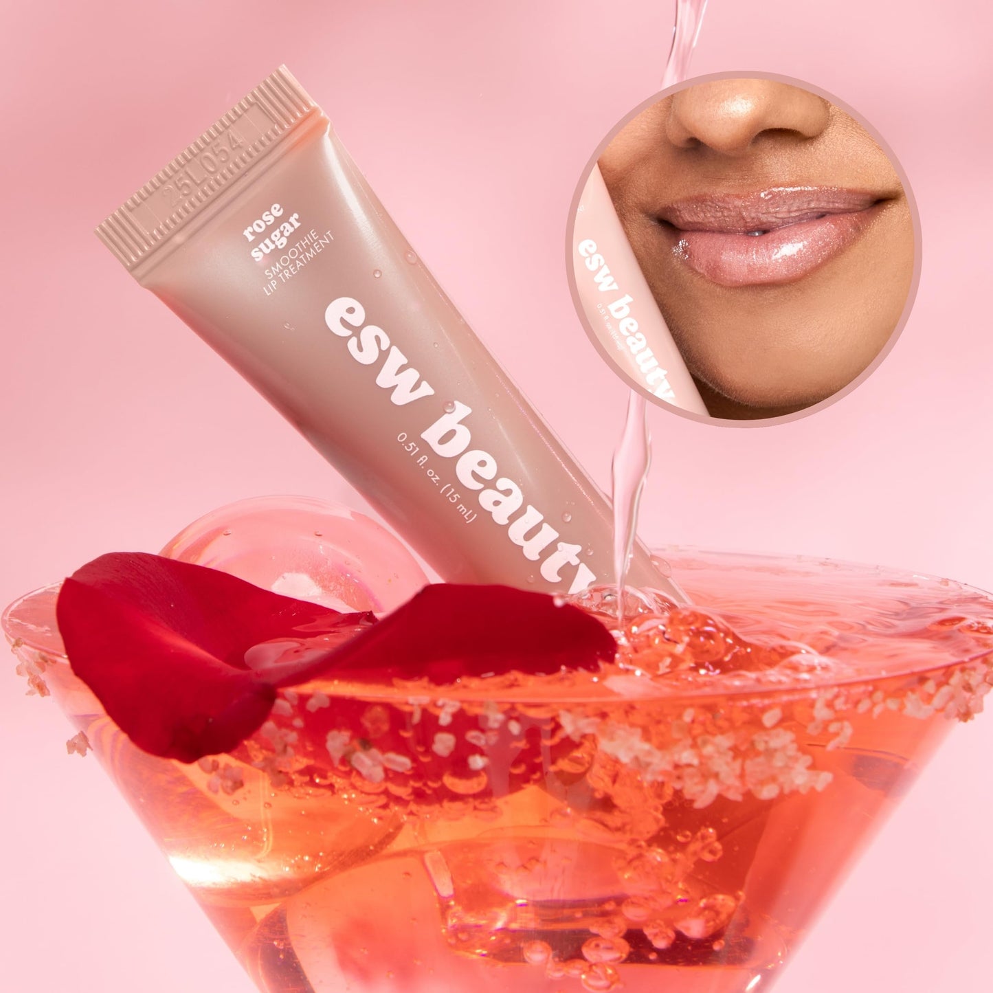 ESW Beauty Rose Sugar Smoothie Shimmer Lip Treatment – Soft Rose & Sweet Sugar with Shea Butter & Vitamin E for Luminous Shine & Daily Protection