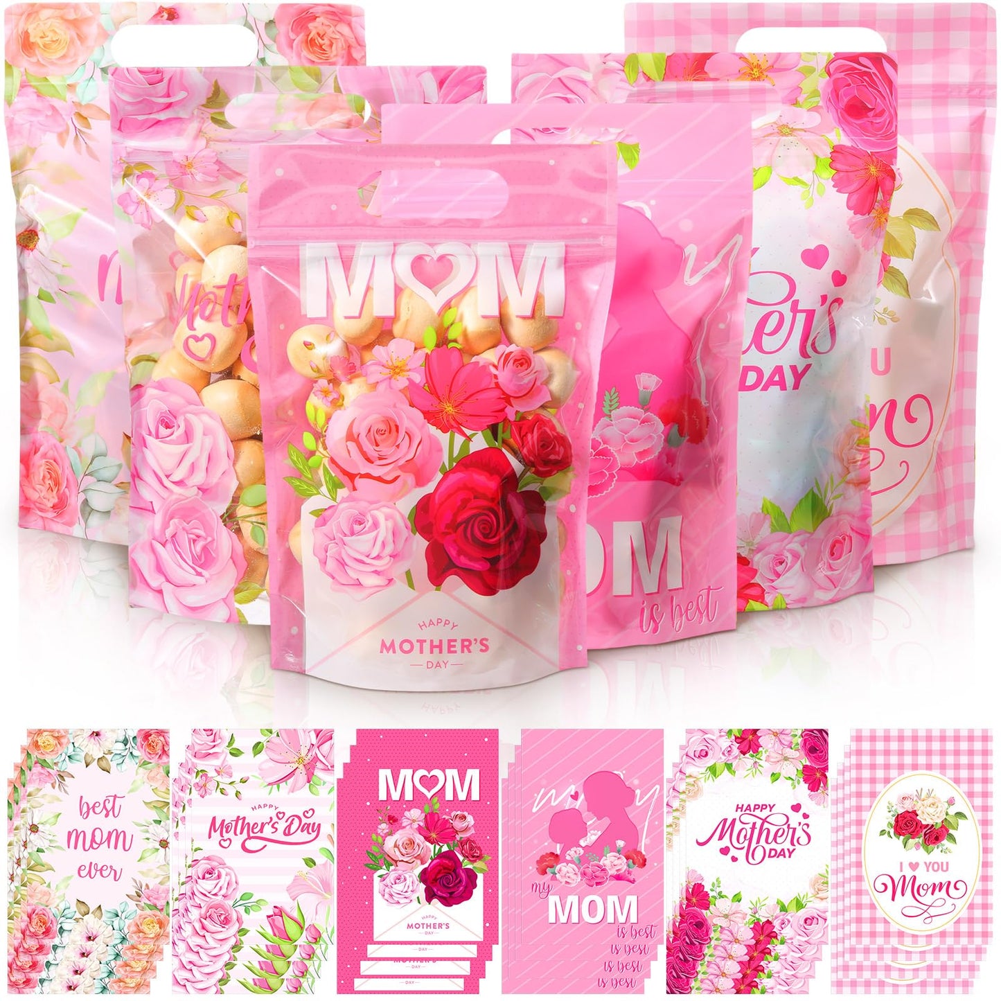 Kosiz 60 Pcs Mother's Day Gift Bags with Handles Plastic Pink Flower Mom Candy Treat Goodie Cookie Bags for Mothers Day Theme Floral Party Favors Supplies