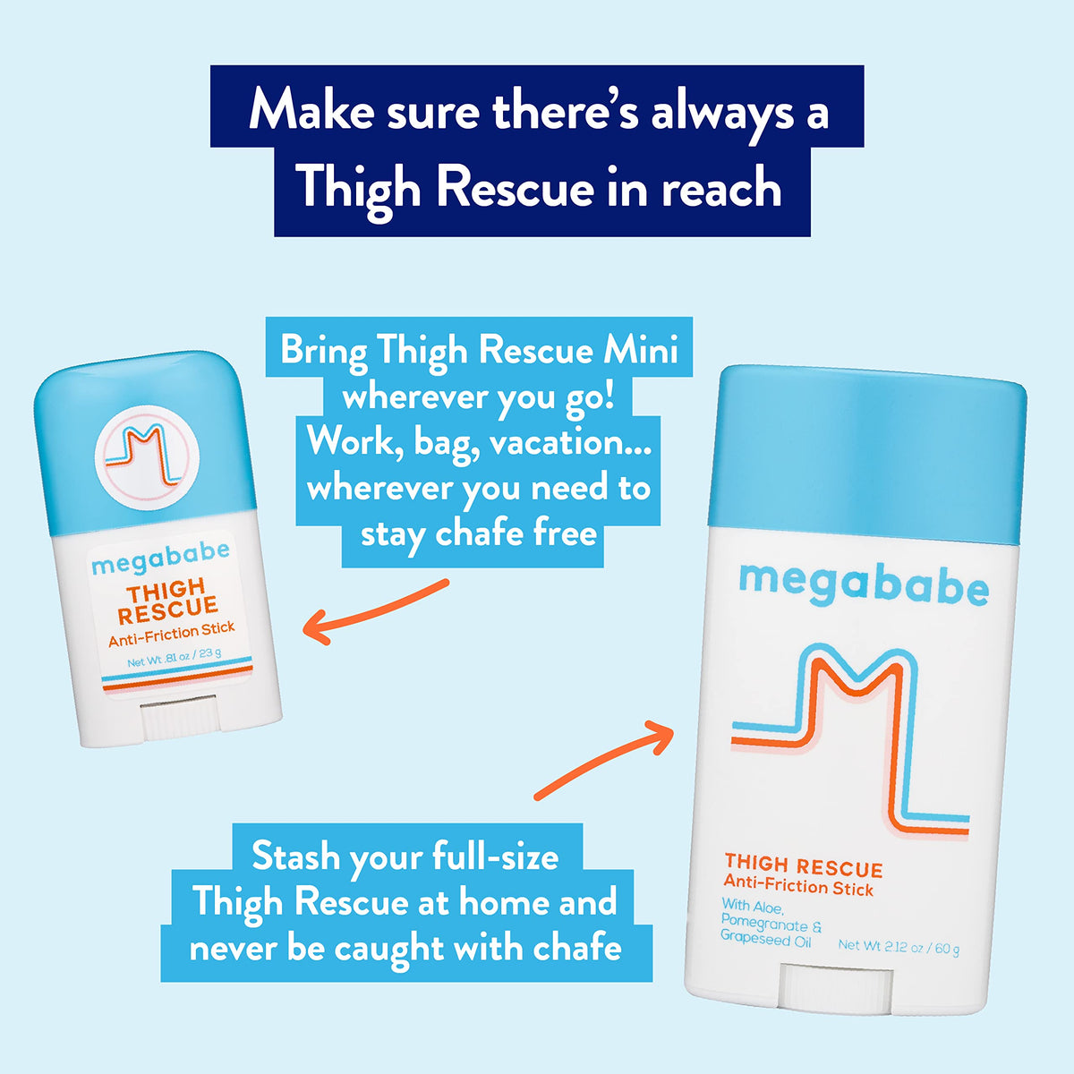 Megababe Anti-Chafe 2-Piece Bundle - Thigh Rescue Anti-Chafe Stick 2.12 oz & 0.81 oz Travel Size
