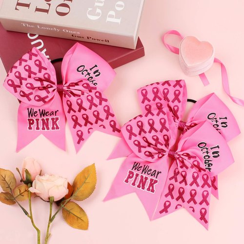 Subesty 4 Count Hair Tie, Large Breast Cancer Awareness Girls Cheerleader Hair Bow, 7 inch Grosgrain Ribbon, Set of 4, Pink, Elastic Ponytail Holder Style
