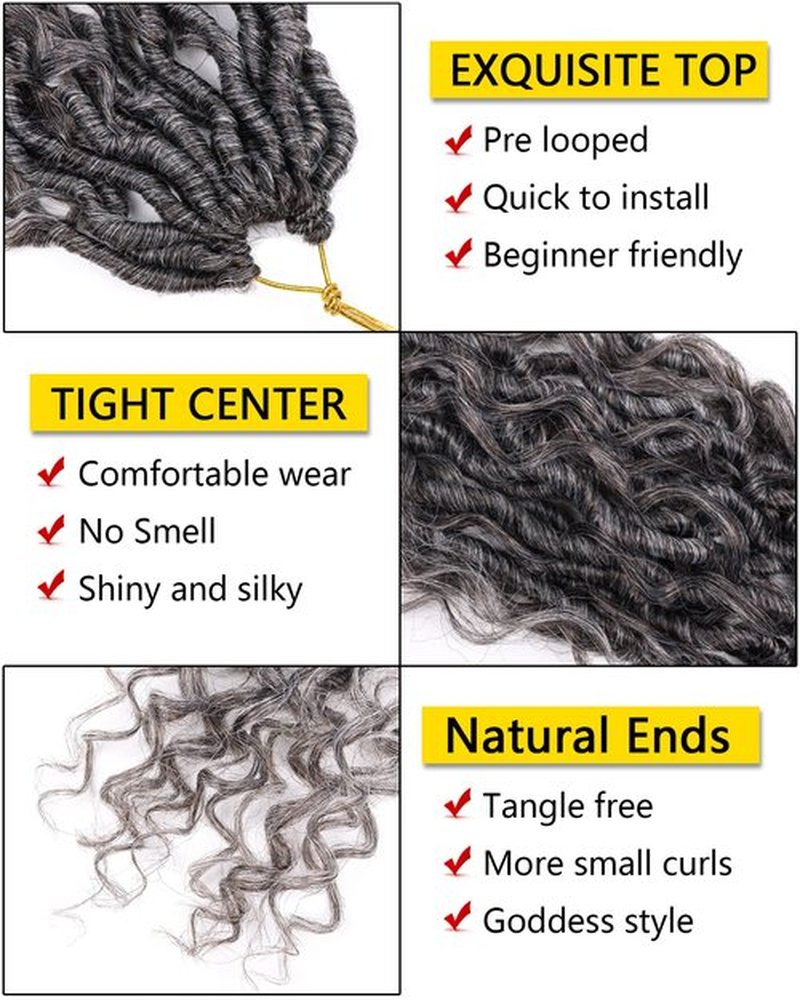 Goddess Faux Locs Crochet Hair 14 Inch 7 Packs Gray Crochet Goddess Locs Pre Looped Faux Locs Crochet Hair for Black Women River Locs Crochet Hair (14 Inch, 7 Packs, 1B/Grey)