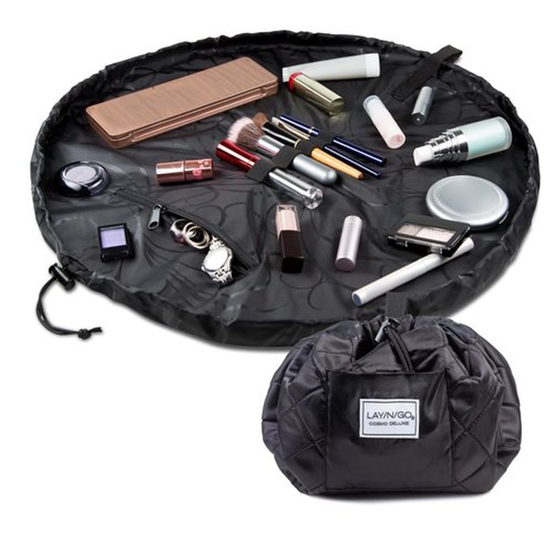 Lay-n-Go Cosmo Drawstring Cosmetic & Makeup Bag Organizer - Portable Drawstring Makeup Bag w/Zipper Pocket, Makeup Loops & More - Durable, Machine Washable Makeup Bag for Travel (22”, Black)