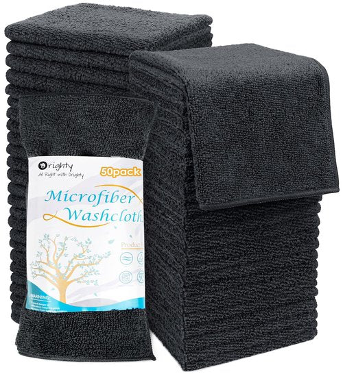 Orighty Washcloths Bulk Towels Set 50 Pack, Highly Absorbent and Super Soft Microfiber Fingertip Towels, Multi-Purpose Wash Cloths for Bathroom, Hotel, Spa, and Gym, 12x12 Inch, Black