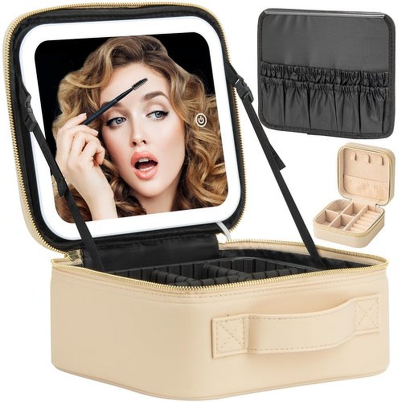 Extrei Gent Makeup Travel Train Case with Mirror LED Light 3 Adjustable Brightness Cosmetic Bag Portable Storage Adjustable Partition Waterproof Makeup Brushes Makeup Jewelry Gift for Women (Beige)
