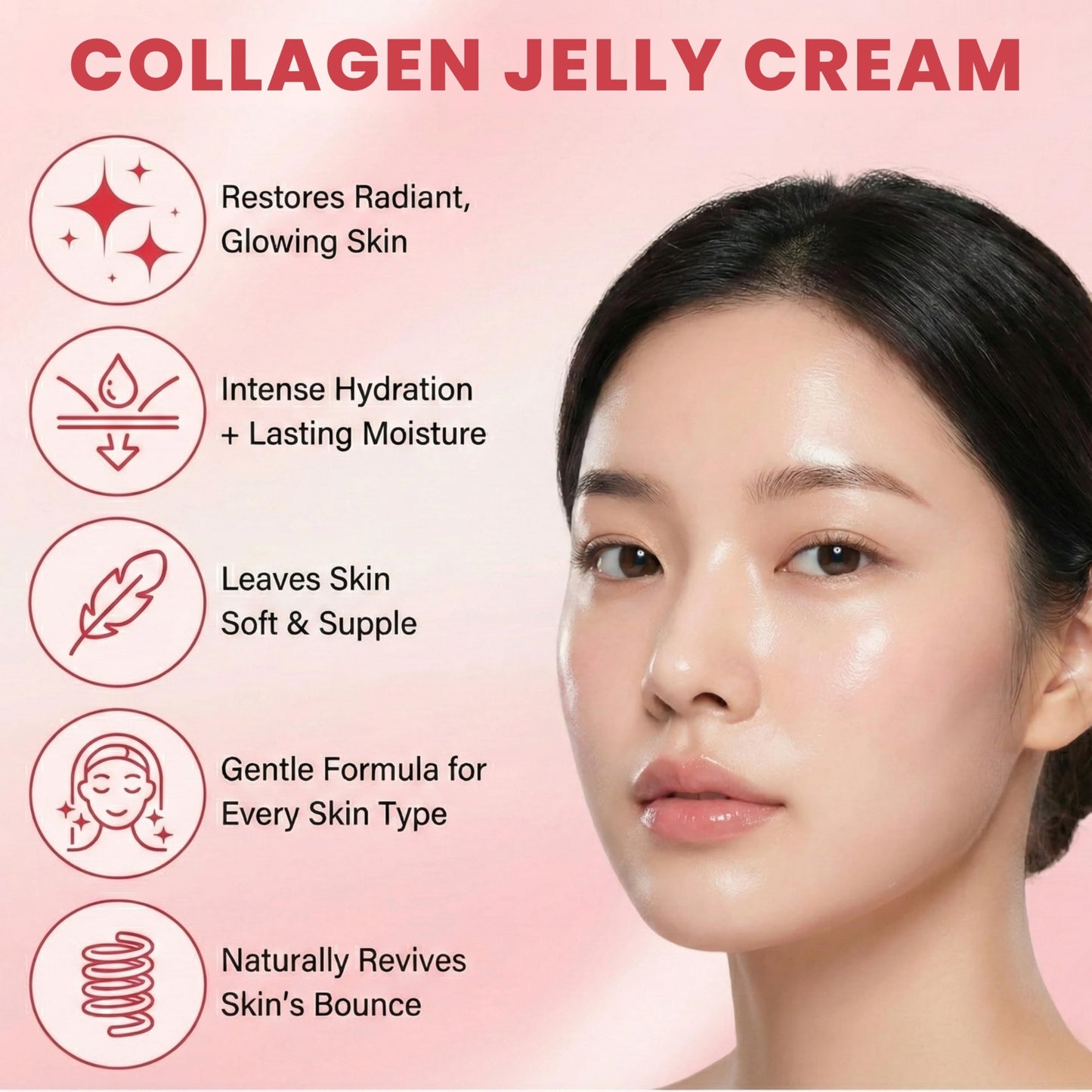 Korean Collagen Jelly Cream — 24H Glow & Hydration, 3.2% Elasticity Boost, 3.9% smoother texture & 6.4% Firmer Skin After 1 Use — Lightweight Collagen Face Moisturizer with Niacinamide (1.76 fl oz)