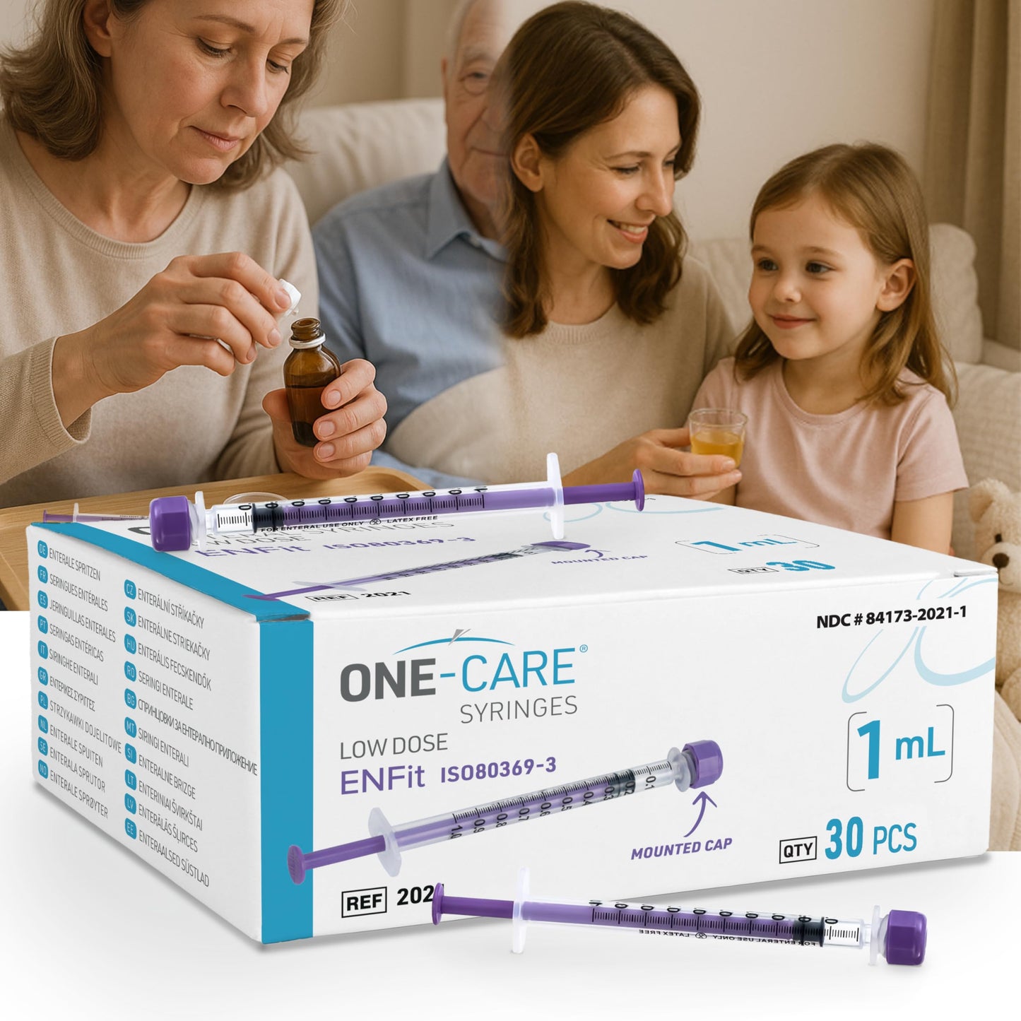 ONE-CARE Lab ENFit Syringe 1ml with Mounted Cap, Sterile, Low Dead Space, 30/bx Blister-Packed, Box of 30 Syringes,