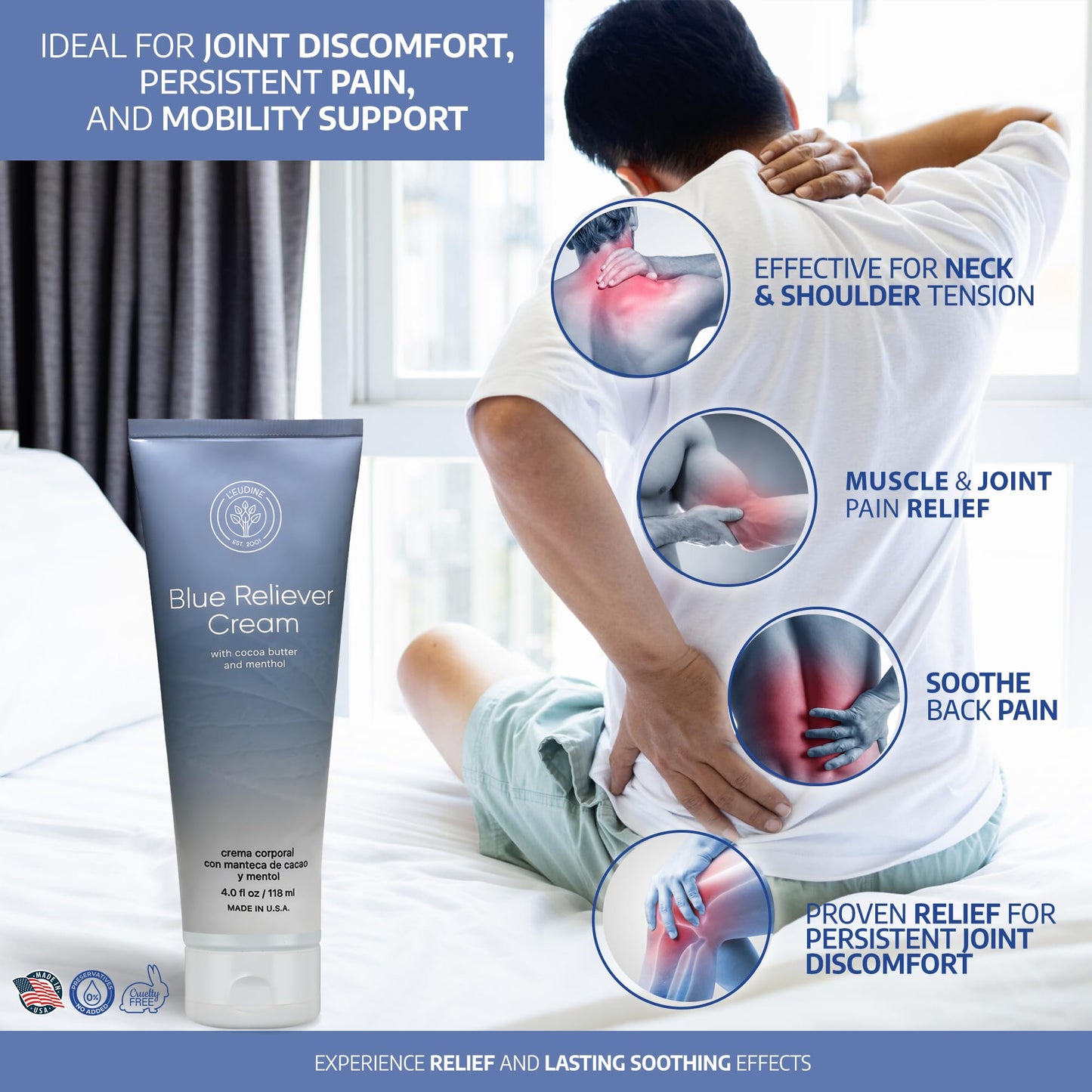 L'EUDINE Blue Reliever Cream – Joint and Muscle Therapy, Body Cream with Cocoa Butter and Menthol