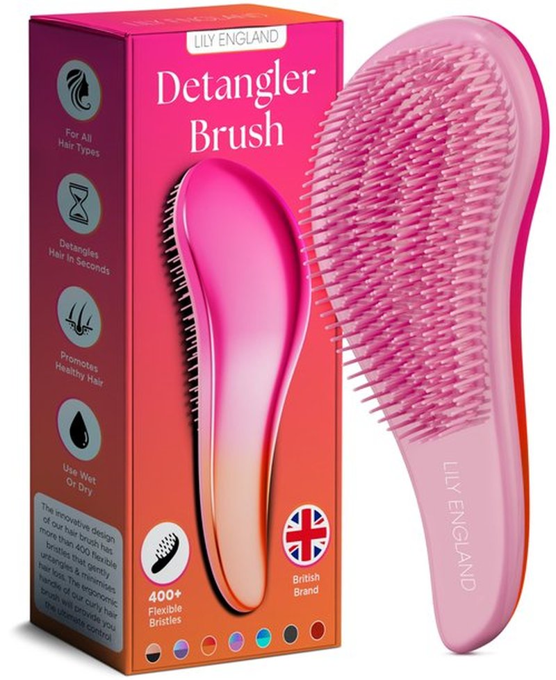 Lily England Detangler Brush for Curly Hair, Thick, Straight & Natural Hair - Gentle Detangling Hair Brush for Women, Kids & Toddlers with Flexible Bristles - Hairbrush for Wet & Dry Hair, Pink-Orange