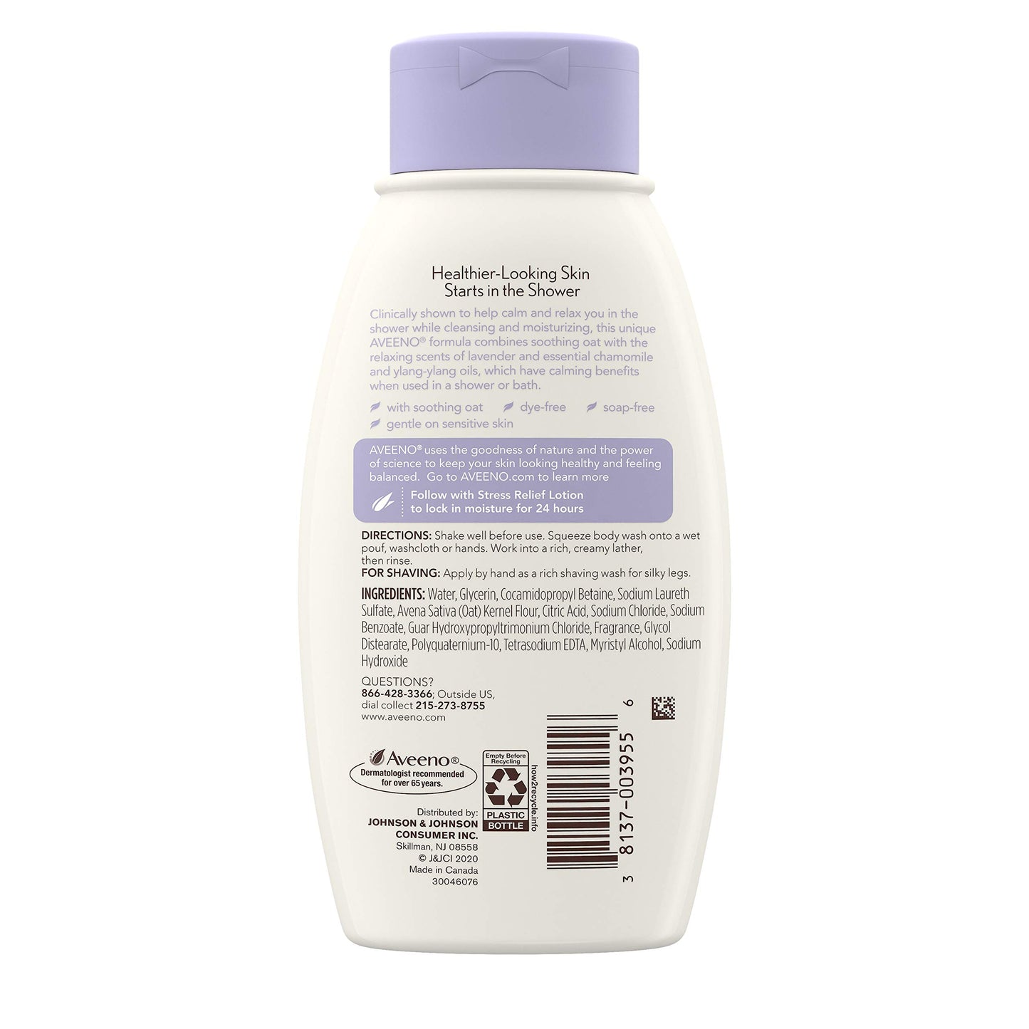 Aveeno Stress Relief Body Wash with Soothing Oat, Lavender, Chamomile & Ylang-Ylang Essential Oils, Dye- & Soap-Free Calming Body Wash for Shower Gentle on Sensitive Skin, 12 fl. oz