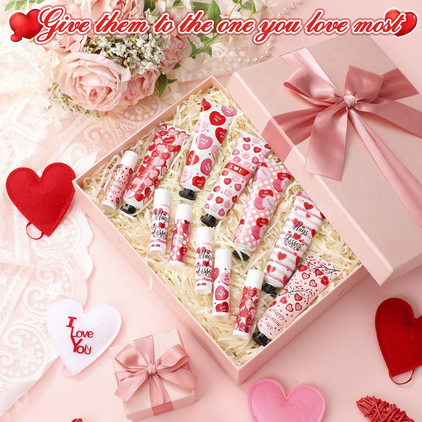 Demissle 6 Sets Bulk Hand Cream & Lip Balm Party Favors for Women – Red Heart Candy Moisturizing Hand Lotion Set, Mother's Day Basket Stuffers Gifts, Teacher & Coworker Appreciation Goodie Bags