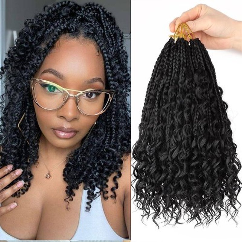 Goddess Box Braids Crochet Hair 12 Inch Boho Box Braids 8 Packs Crochet Box Braids for Black Women Pre-looped Bohemian Box Braids Crochet Braids Curly Ends Synthetic Braiding Hair Extension 1B
