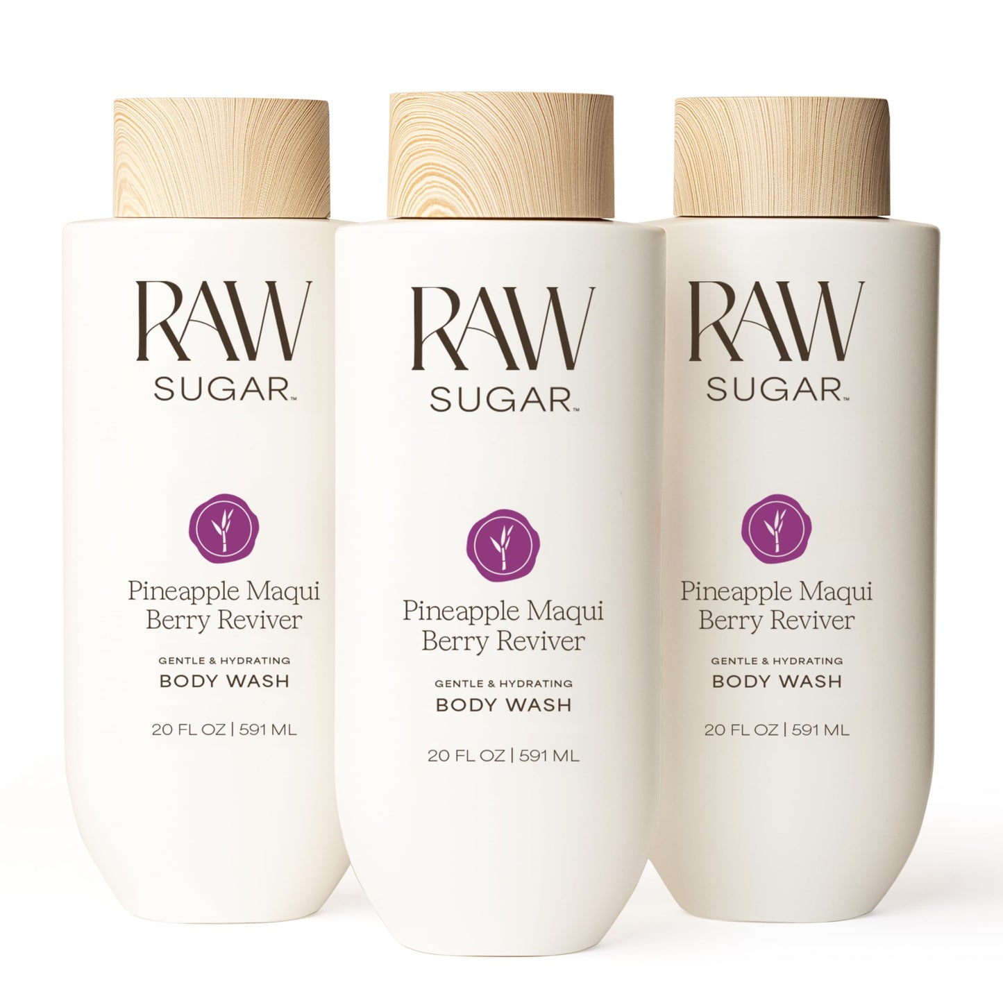 RAW SUGAR Pineapple Maqui Berry Reviver Gentle & Hydrating Body Wash, 20 Fl Oz (Pack of 3), Moisturizing & Smoothing Bath & Shower Gel, Vegan, Formulated without SLS/SLES & Parabens