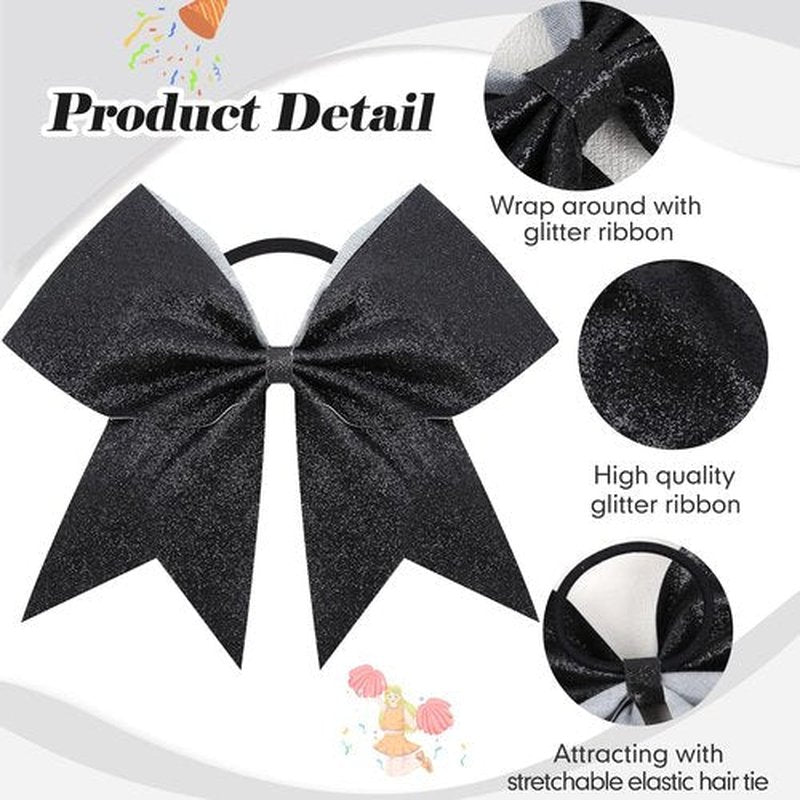 16PCS 8" Large Glitter Cheer Bows for Cheerleaders, CN Sparkly Hair Bows with Elastic Hair Ties Accessories for Teens Girls Women Cheerleading Softball Competition Sports (Black)