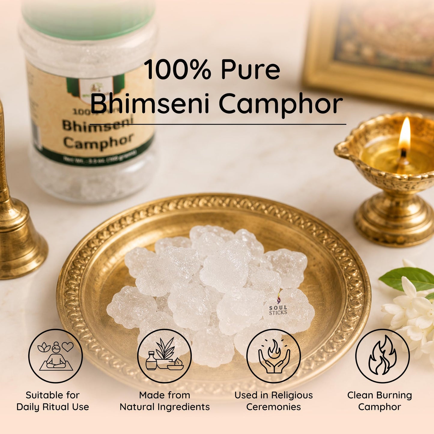 ANCIENT VEDA 100% Pure Natural Bhimseni Camphor Tablet | Aromatherapy Camphor | Refreshing Fragrance, Enhancing Concentrations | Tablet for Puja, Alcanfor Tablets, Kapoor for Pooja - (100 Grams)