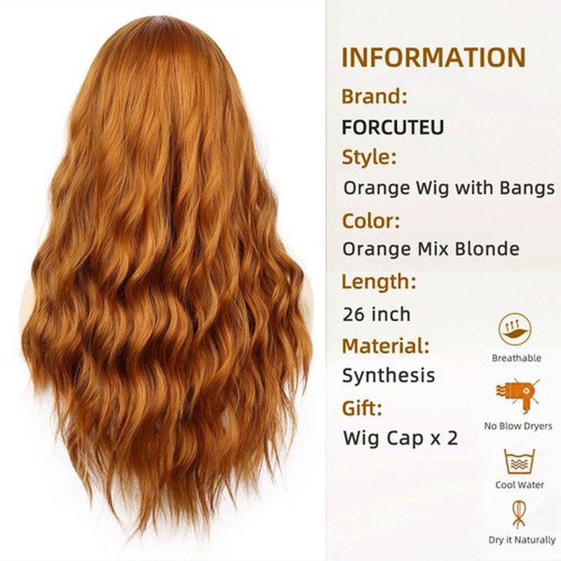 FORCUTEU Orange Wig With Bangs Long Orange Wigs for Women Orange and Blonde Wig Heat Resistant Wigs for Daily Party Cosplay Halloween (26Inch Orange and Blonde)