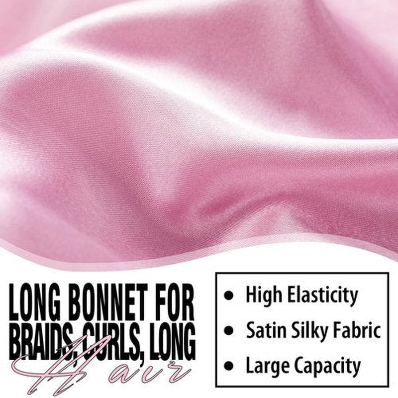 2Pcs Bonnets for Black Women Braid Bonnet, Large Long Satin Bonnet for Braids, Silk Bonnet with Stretchy Tie Band Sleep Cap Hair (2Pcs-Black&Pink)