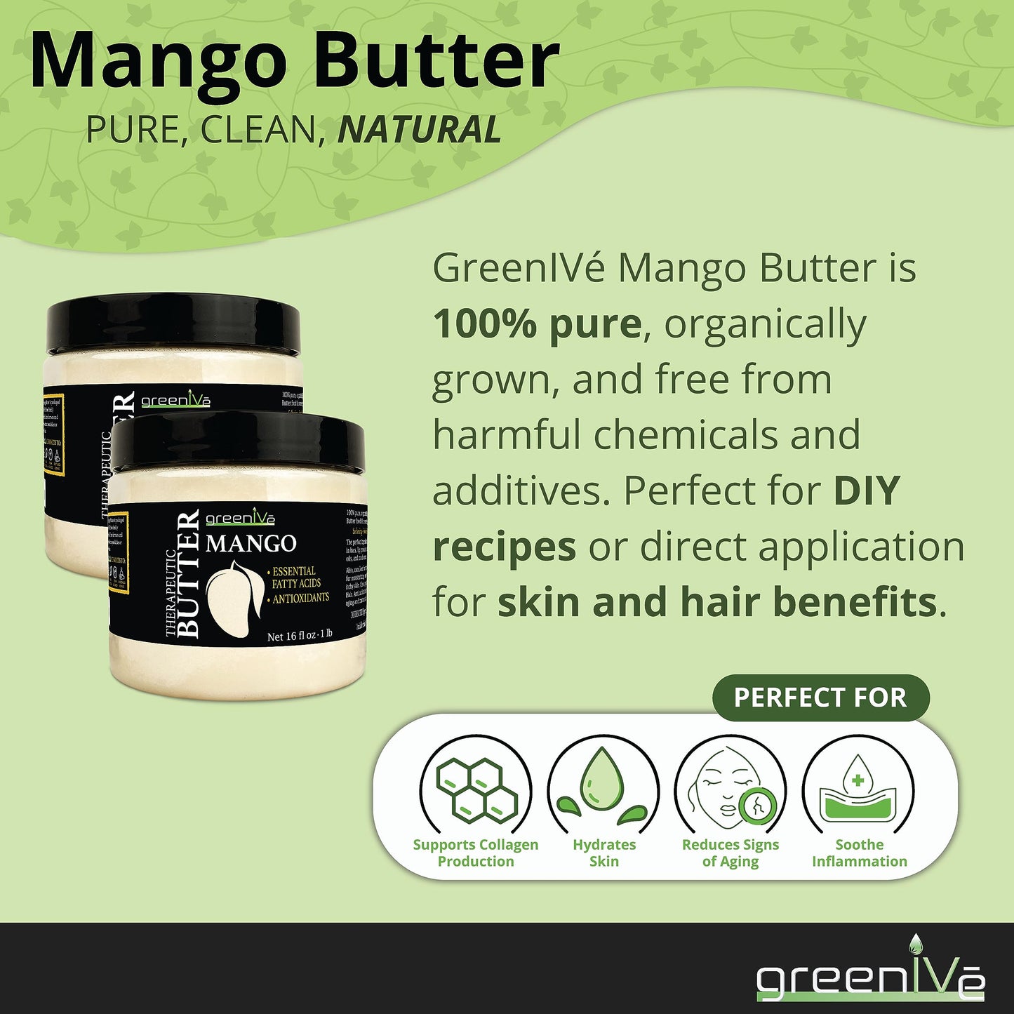 GreenIVe Deodorized Mango Butter 100% Pure Raw Unrefined Natural Creamy Skin Hair Moisturizer Hydrating Body Butter Lotion Lip Balm Soap Making DIY Cosmetics Whipped Creams Food Grade 16oz