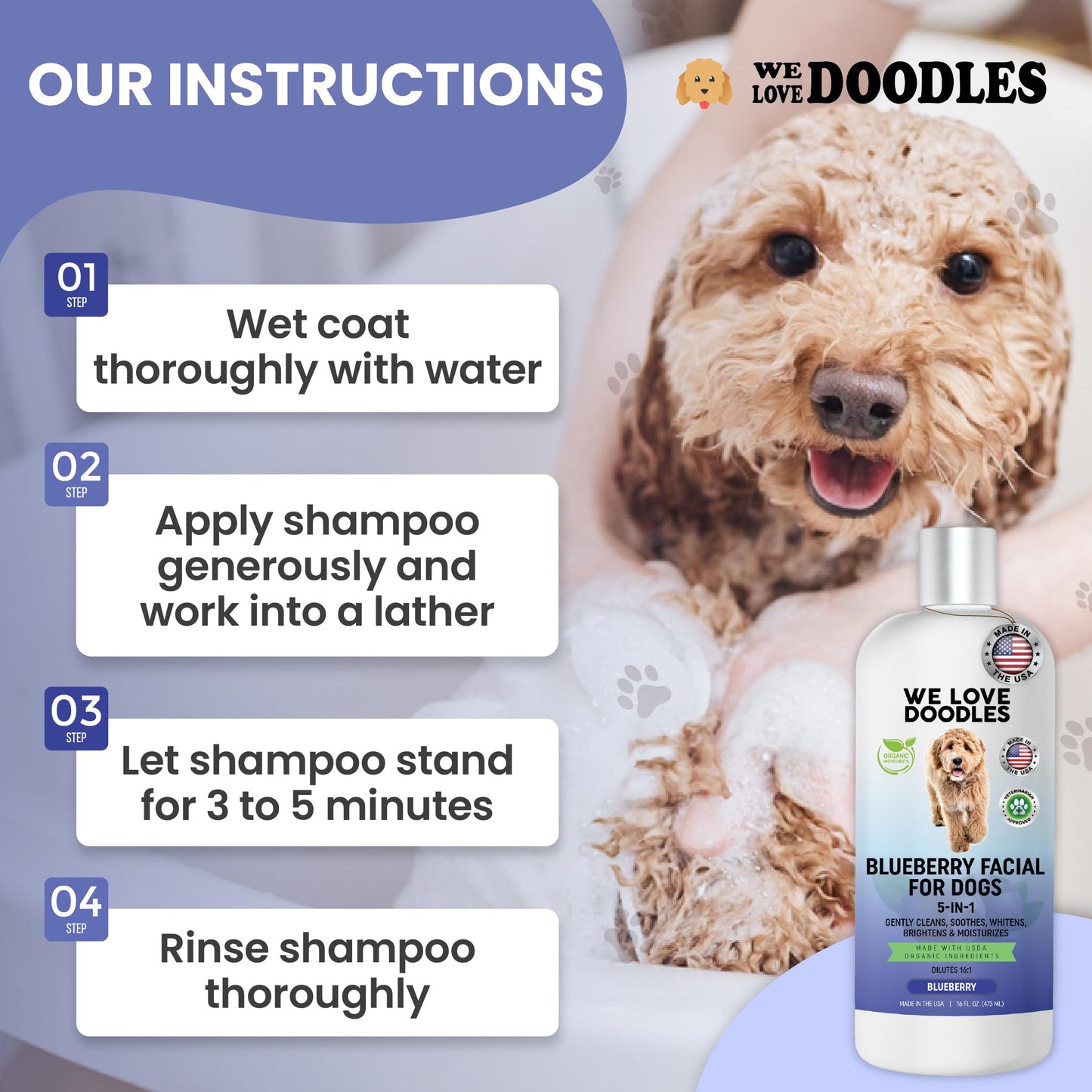 Blueberry Facial Dog Shampoo - Dog Tear Stain Remover, Brightens & Whitens Coat, Cleans & Deodorizes, Tearless, 16:1 Concentrated, 16 oz [We Love Doodles]