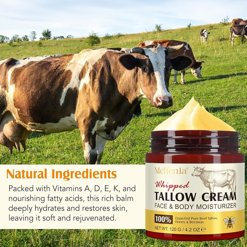 Beef Tallow Skin Balm - Organic Whipped Face Moisturizer | Deeply Moisturizing Body Butter for All Skin Types - 4.2 Oz