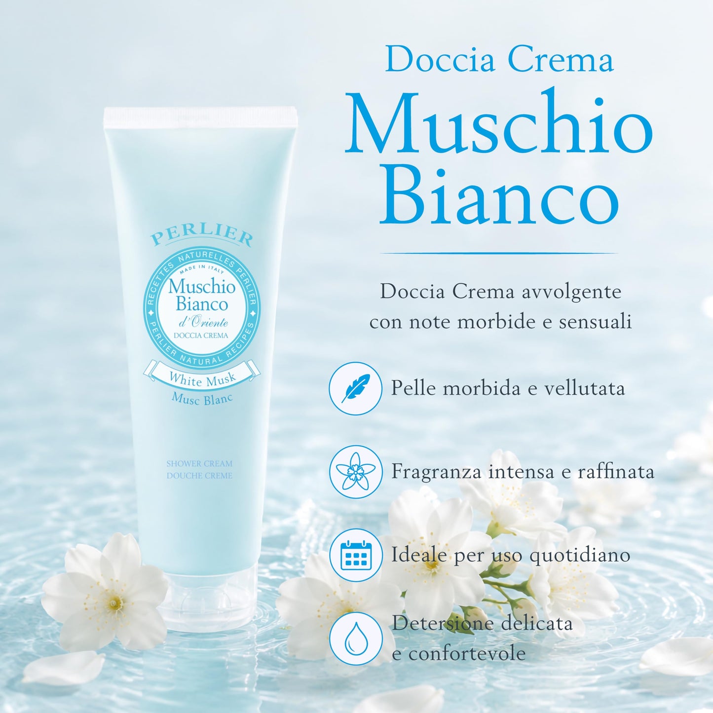 Perlier: "Muschio Bianco d'Oriente" Shower Cream, White Musk Scent 8.4 Fluid Ounces (250mL) Tube [ Italian Import ]