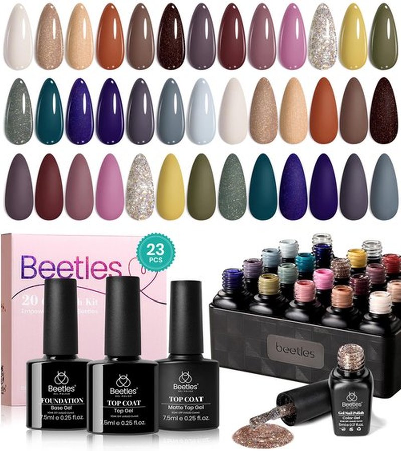 Beetles Gel Nail Polish, 20 Colors Nude Brown Blue Green Gray Yellow Glitter Earth Song Collection Winter Gel Polish Soak Off with Glossy & Matte Top Base Coat Gel Manicure Kit Gift for Women