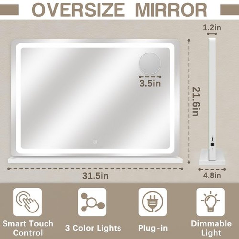 ROLOVE Vanity Mirror with Lights, 32" x 22" Large Lighted Vanity Mirror with Dimmable 3 Modes, LED Makeup Mirror, 10X Magnification, Touch Screen Control, USB Charging Port, Tabletop or Wall-Mounted