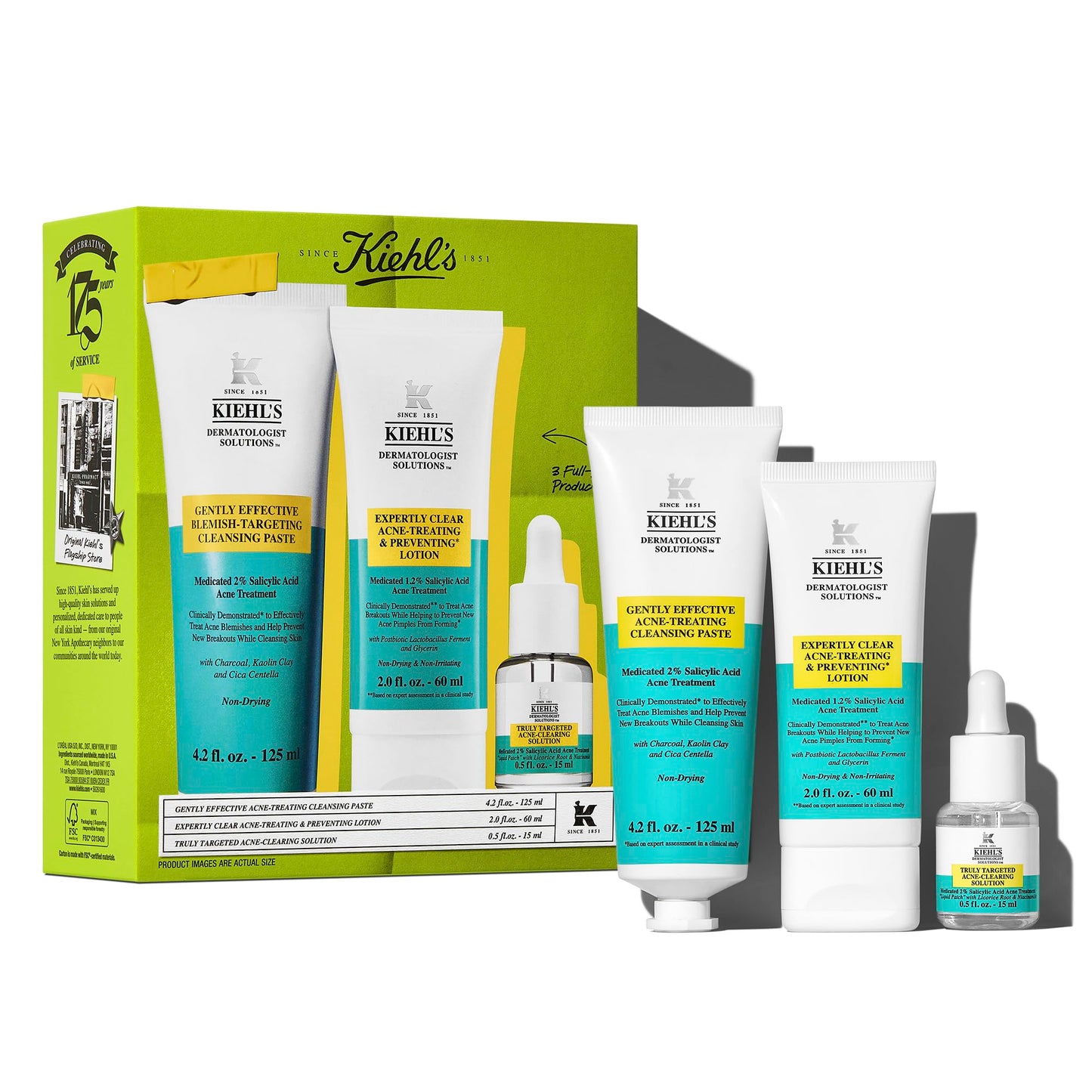 Kiehl's Acne Skincare Routine Gift Set, $98 Value, Includes Face Wash, Pimple Patch, and Facial Cream, Clears Acne, Shrinks Pore Size, Helps Clear Whiteheads and Blackheads, Prevents Breakouts.