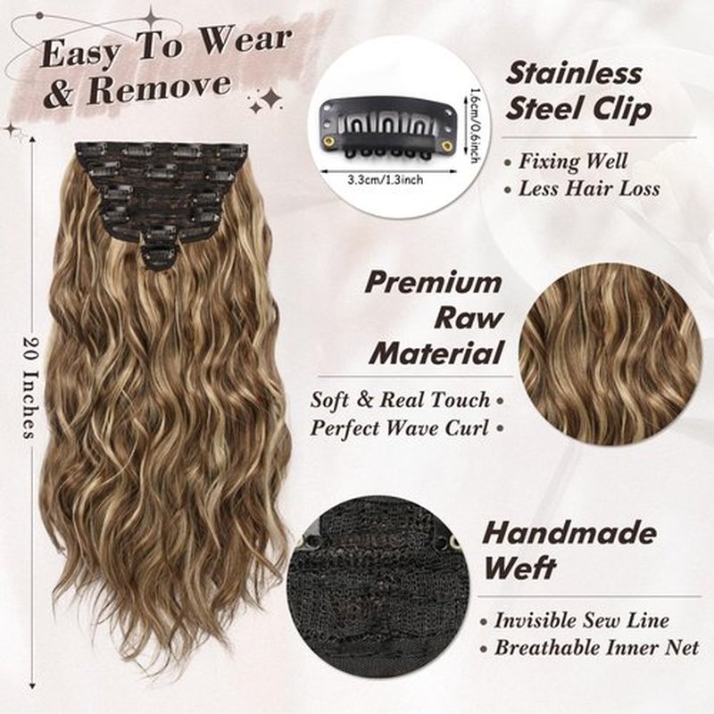 BARSDAR Highlight Clip in Hair Extensions - 20 Inch Wavy Clip in Hair Extensions for Women - 6PCs Soft Thick Synthetic Hair Extensions Clip ins Hairpieces Daily - Medium Brown & Blonde