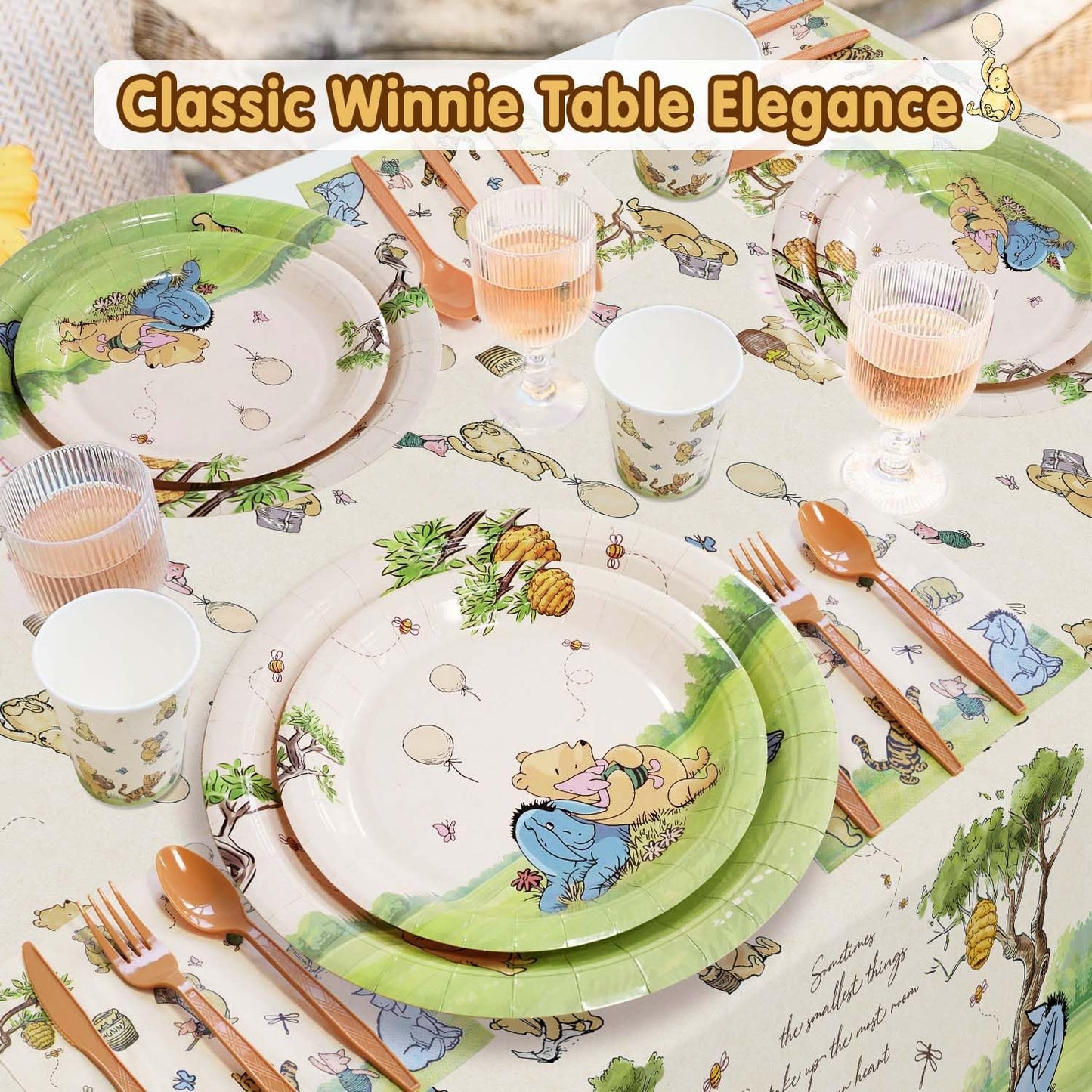 Winnie Birthday Decorations Plates Set, 175PCS Classic Winnie Happy Birthday Plates Cups Napkins Cutlery for 25 Guests