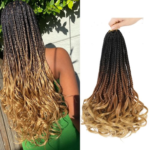 French Curl Crochet Braids 12 Inch Goddess Box Braids Crochet Hair Pre Looped Crochet Box Braids with Curly Ends Synthetic French Curly Braiding Hair Extensions 8 Packs 1B/30/27