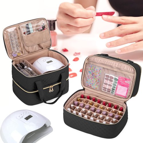 Yarwo Nail Polish Organizer Case Holds 50 Bottles(15ml/0.5 fl.oz) and Nail Lamp, Double Layers Nail Polish Bag with Adjustable Dividers for Nail Art Tools, Black (Bag Only, Patent Design)
