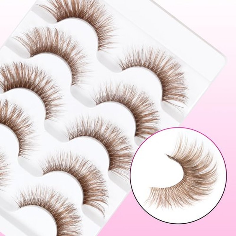 Veleasha Brown Lashes Cat Eye Lashes Wispy Faux Mink Lashes 100% Handmade Natural Look False Eyelashes with Clear Band Lightweight Fluffy False Eyelashes 5 Pairs Pack(Brown04)