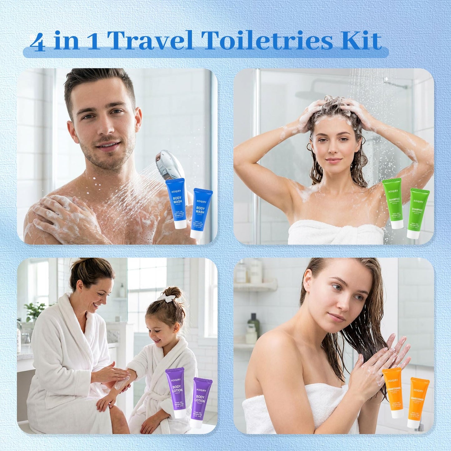 HOIQIRY 25 Set 4-IN-1 Travel Size Hotel Toiletries Bulk,100 Pack 30ml/1 fl oz Mini Hotel Toiletries with Body Wash,Shampoo,Conditioner,Body Lotion Guest Supplies Bulk for Homeless,Motel,Charity