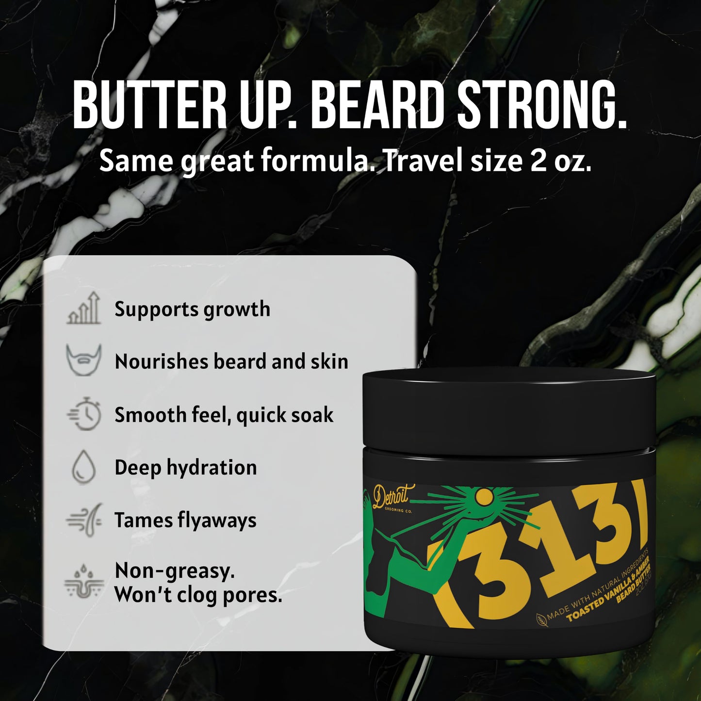 Detroit Grooming Co. Beard Butter for Men - Premium Leave-In Conditioner & Softener with Safflower Oil & Shea Butter - Hydrating Beard Moisturizer for Growth & Thickness - Iconic 313, 2oz