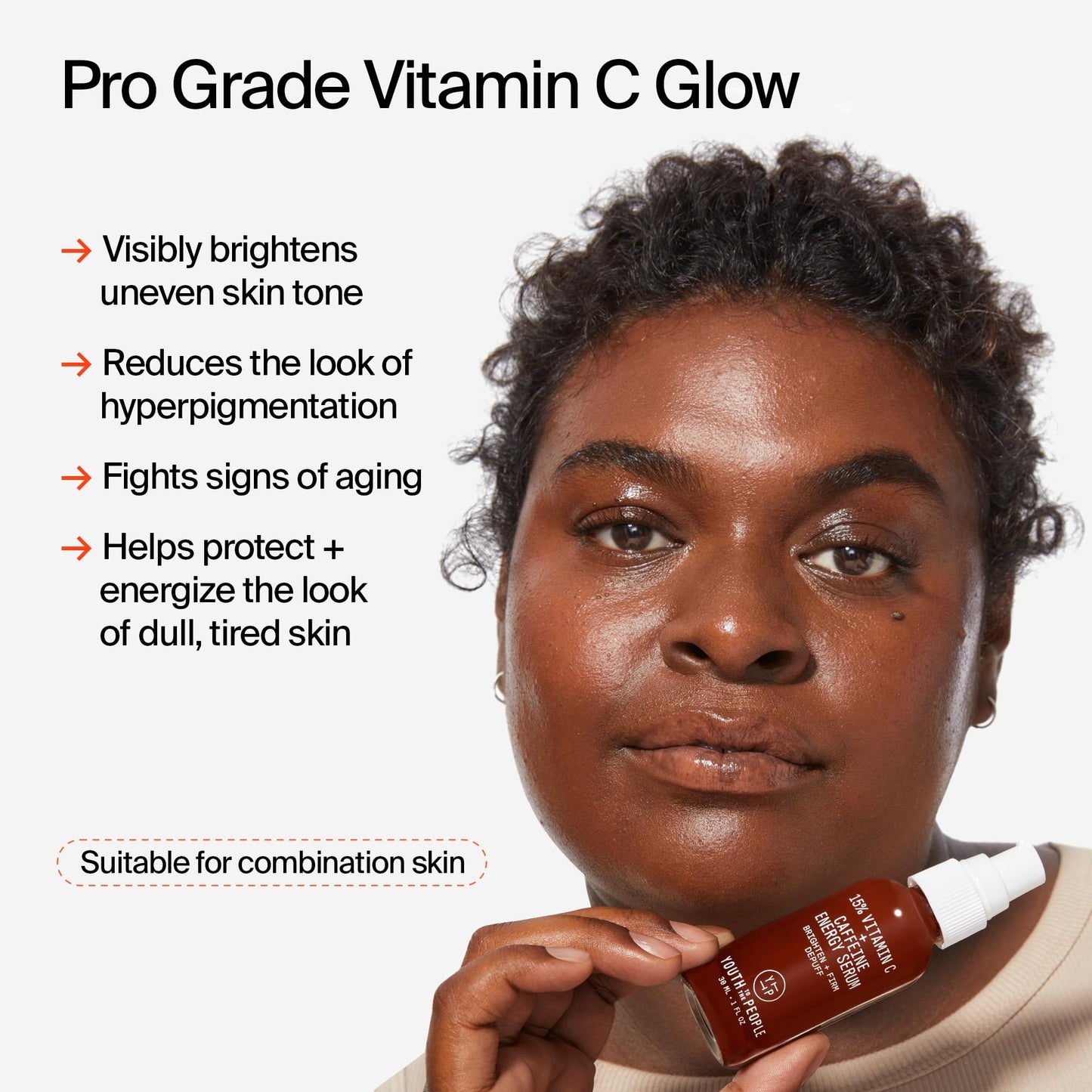 Youth To The People 15% Vitamin C + Caffeine Energy Brightening Face Serum for Uneven Tone - Reduce Puffiness, Improve Texture, Treat Dark Spots + Dullness, Antioxidants Day Serum, Vegan - 0.27 fl oz