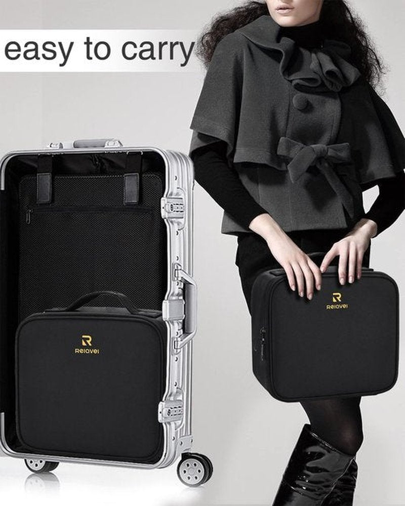 Relavel Makeup Bag, Makeup Organizer Bag Travel Train Case Portable Cosmetic Artist Storage Bag with Adjustable Baffle for Makeup Brush Jewelry (Black)