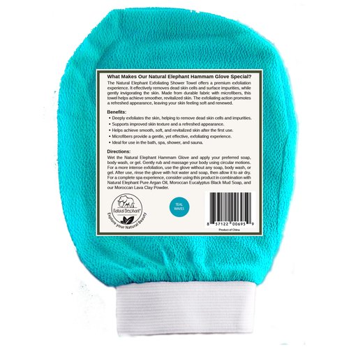 Natural Elephant Moroccan Black Soap 200g (7oz) and 2 Pack Exfoliating Hammam Glove Combo (Teal Waves)