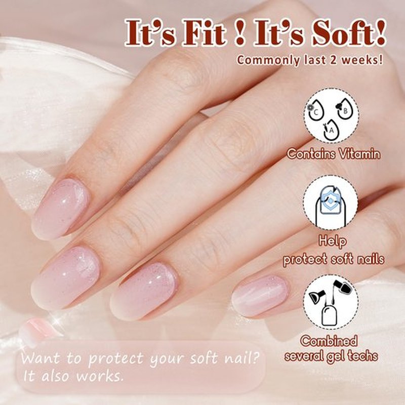 GelMala Semi Cured Gel Nail Strips Pink Ombre&Silver Glitter Semi Transparent Gel Nail Strips Reverse French Manicure, Easy to Apply&Remove-Gel Nail Strips Nail Wraps,Easy for begginners (Pompette)