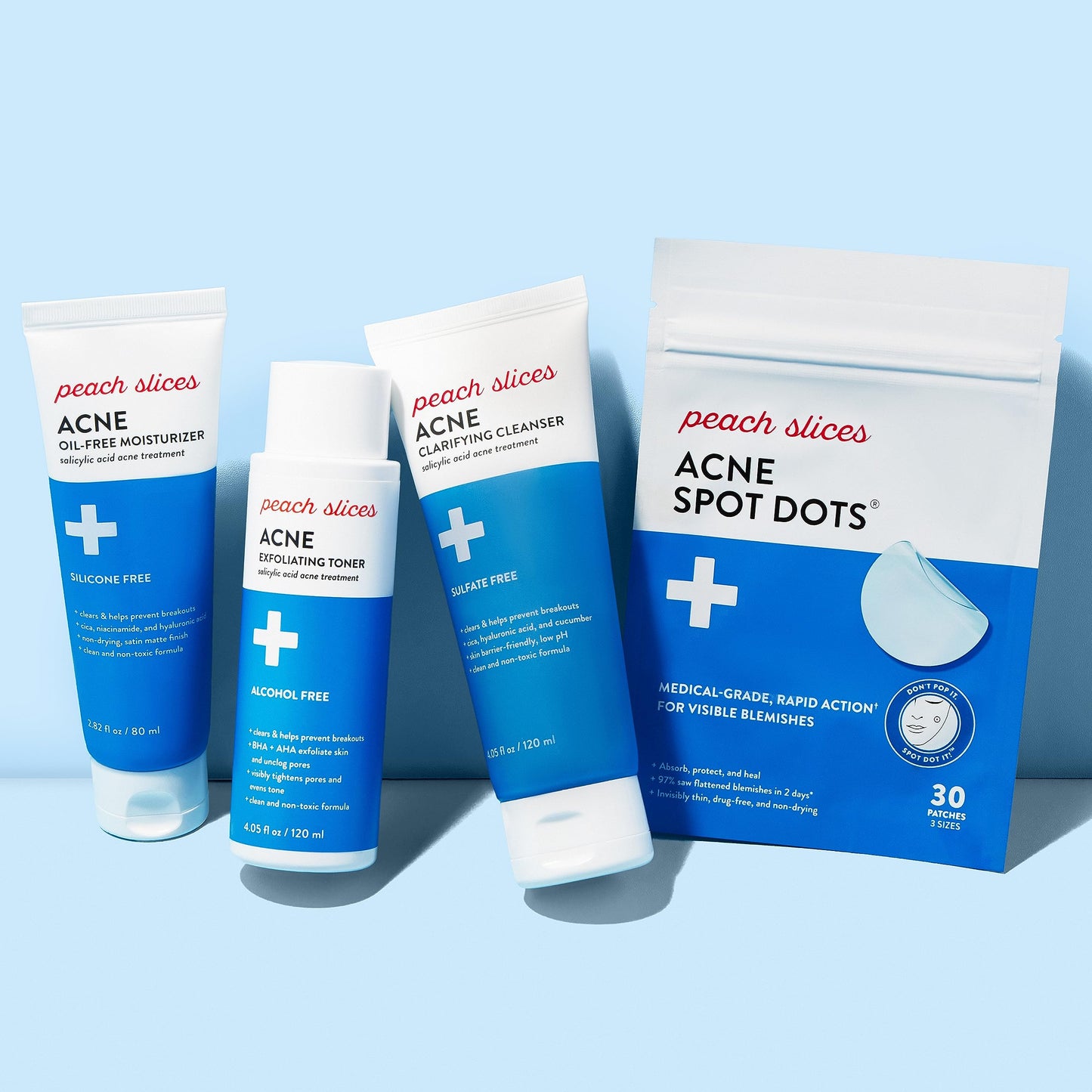Peach Slices Acne Spot Dots, Exfoliating Toner, Clarifying Toner and Oil-Free Moisturizer Acne Fighting Bundle | Vegan and Cruelty-Free