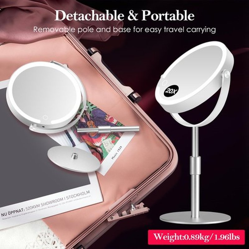 PEDOMIROR 20X Magnifying Mirror with Light, Lighted Make Up Mirror, Rechargeable 2000mAh Led Makeup Mirror, Height & Brightness Adjustable Desk Makeup Mirror, 360°Rotation & Touch Screen (Silvery)