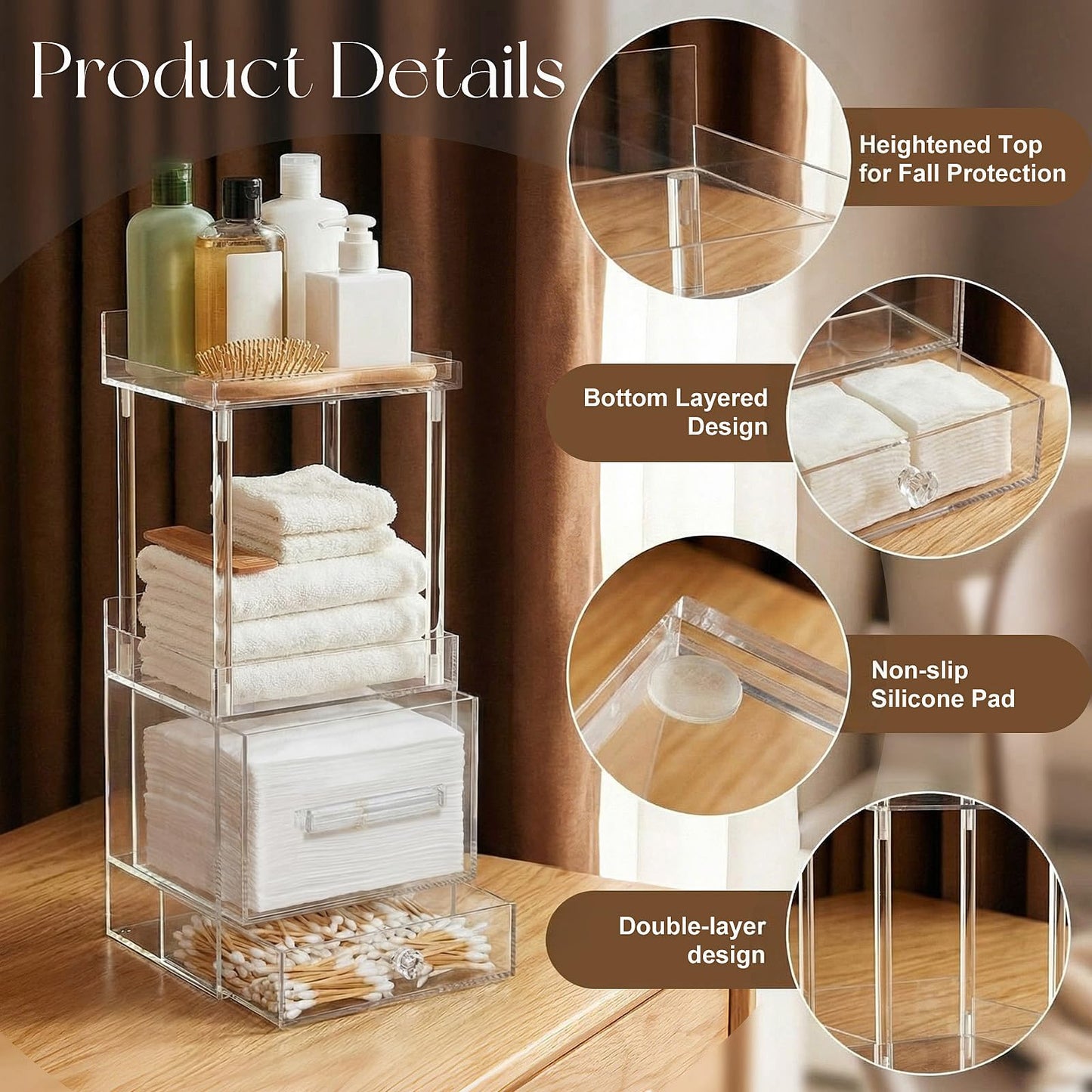 Qinyoung 4-tier Acrylic Vanity Organizer, Facial Towel Dispenser Box Compatible with XL Clean Towels (Excluding), Makeup Storage Drawer Style Countertop Organizer for Bathroom Skincare Station