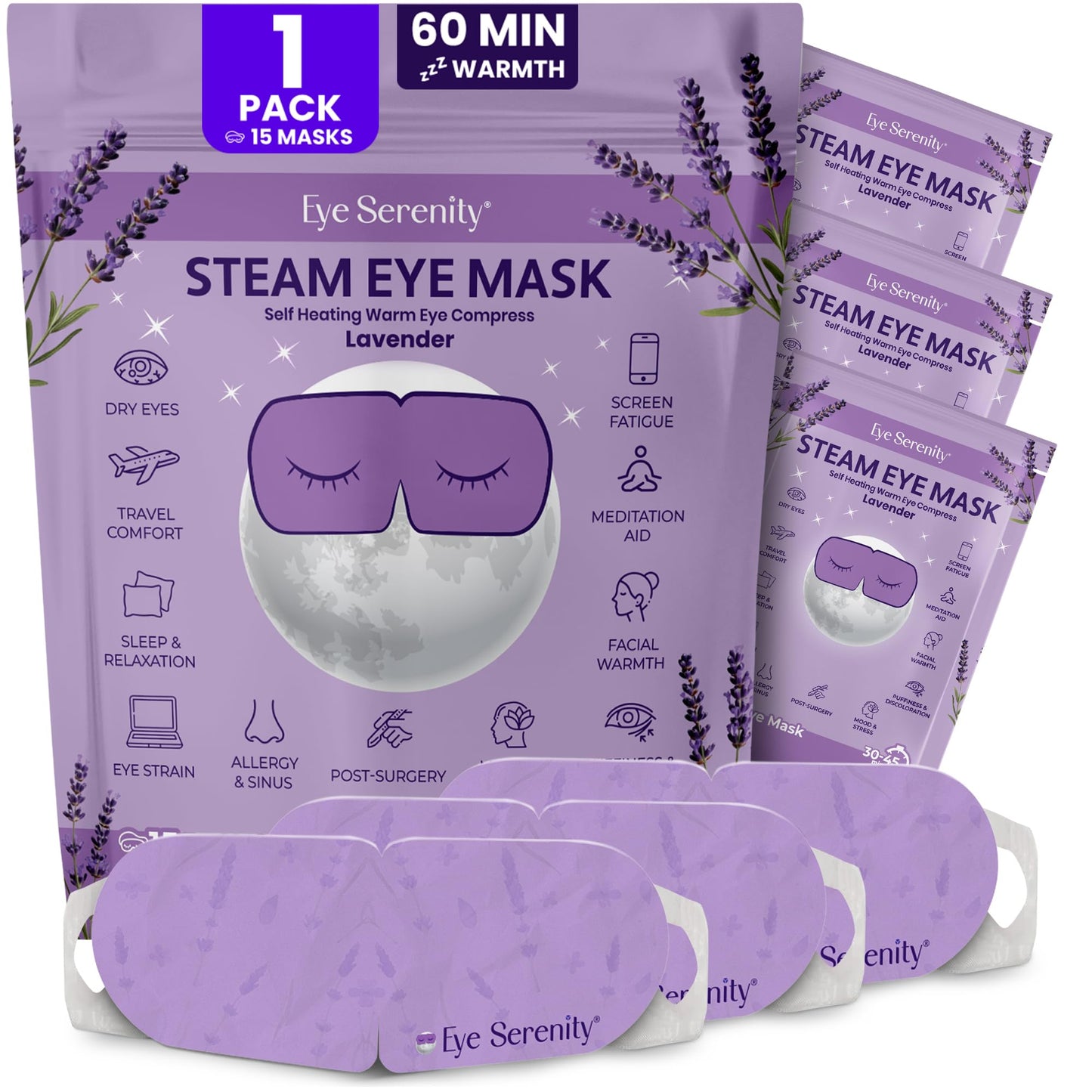 Eye Serenity Steam Eye Mask, Heated Eye Mask, Self Heating Warm Compress for Dry Eyes, Fast Relief for Stye, Puffy Sensitive Eyes, Moist Heat, Relaxation Gifts for Women and Men - Lavender