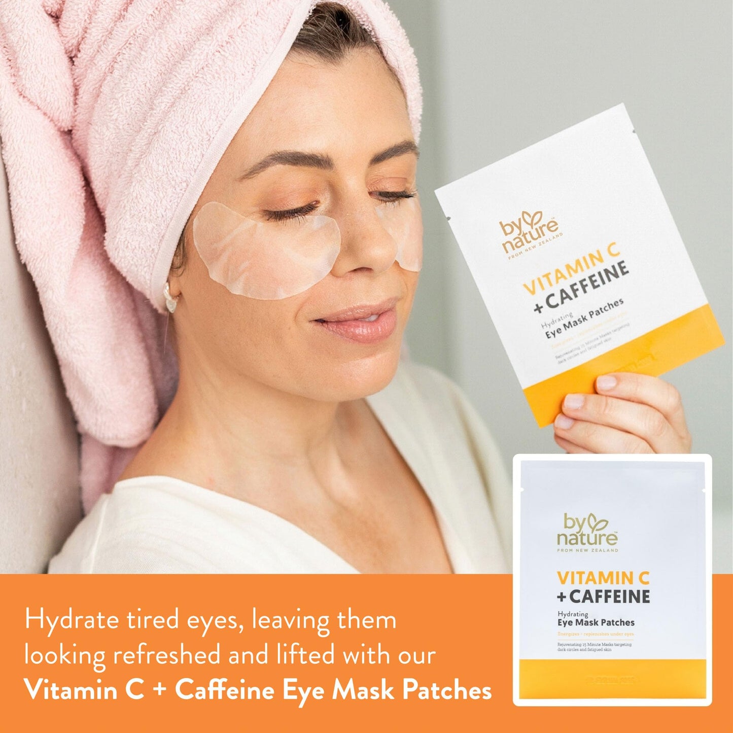By Nature Vitamin C + Caffeine + Hydrating Under Eye Mask Patches - Energizing + Replenishing Eye Patches for Dark Circles - Skincare from New Zealand - Under Eye Patches - 5 Pairs