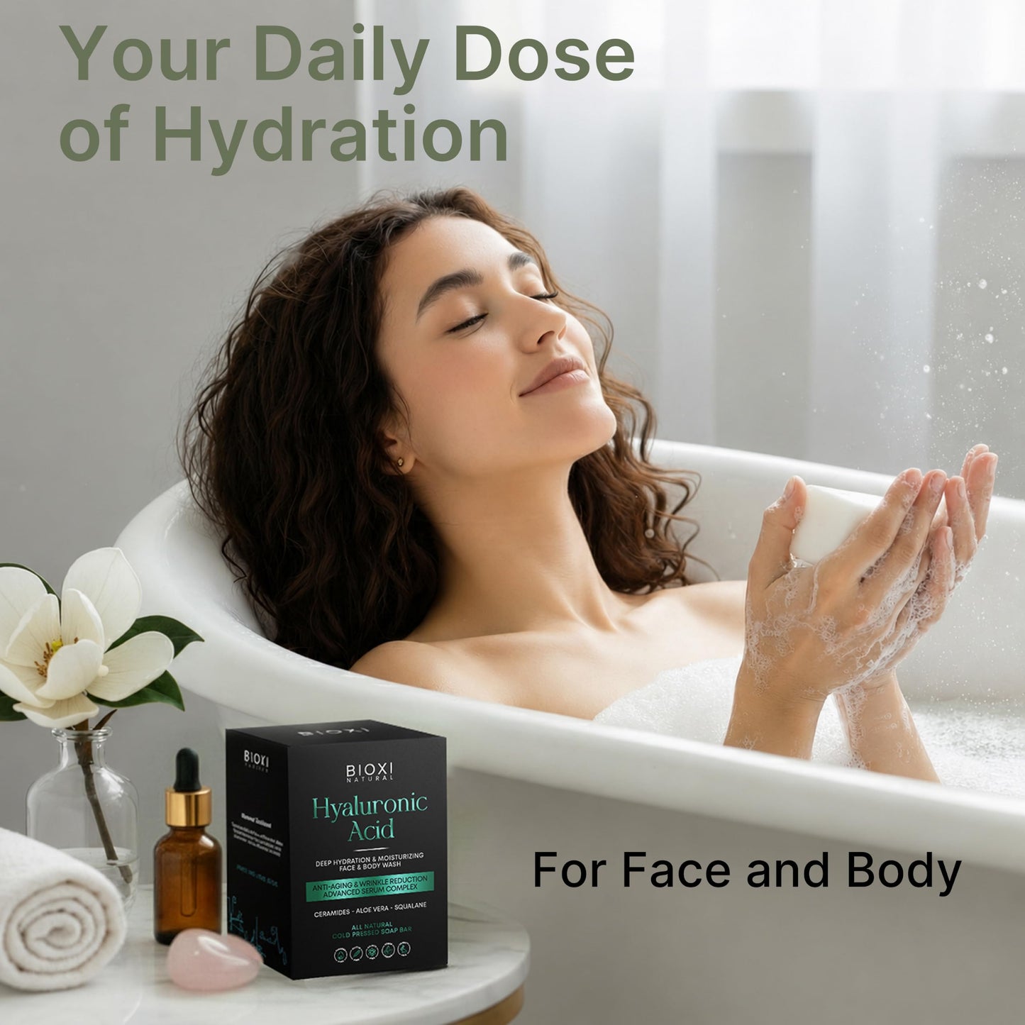 Hyaluronic Acid Serum Complex Cold Pressed Soap Bar - Deep Hydration Moisturizing Anti-Aging Face & Body Wash - Korean Formula with Ceramides, Shea Butter, Aloe Vera, Squalane & Natural Oils - 2 Pack