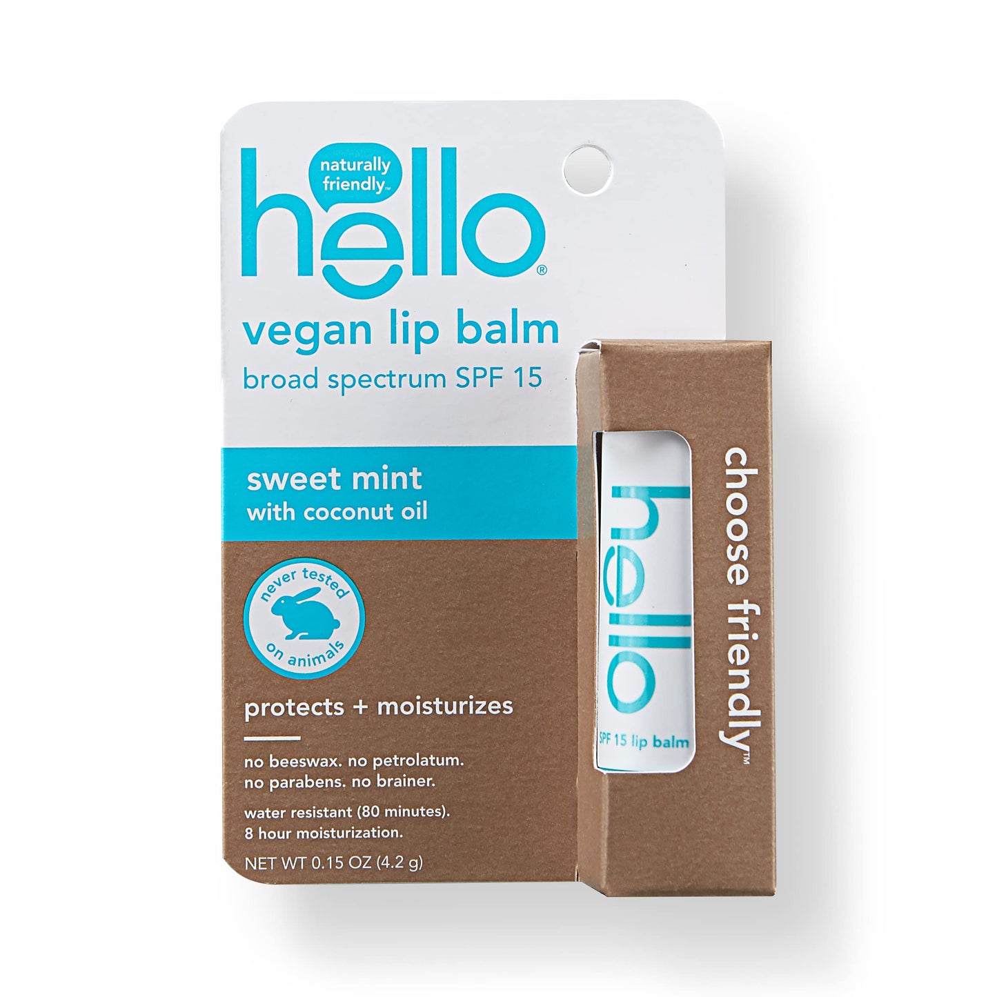 Hello Moisturizing Vegan Lip Balm SPF 15, Sweet Mint with Coconut Oil, Beeswax Free, Petrolatum Free, and Parabens Free, 0.15 Ounce