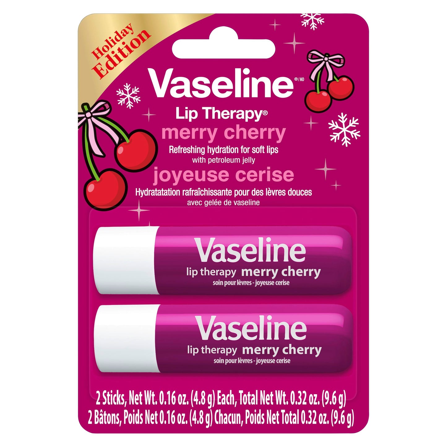 Vaseline Lip Therapy Holiday Edition Merry Cherry, Glossy Finish, Hydrating Petroleum Jelly Lip Balm, 4 Sticks, 0.16 oz Each