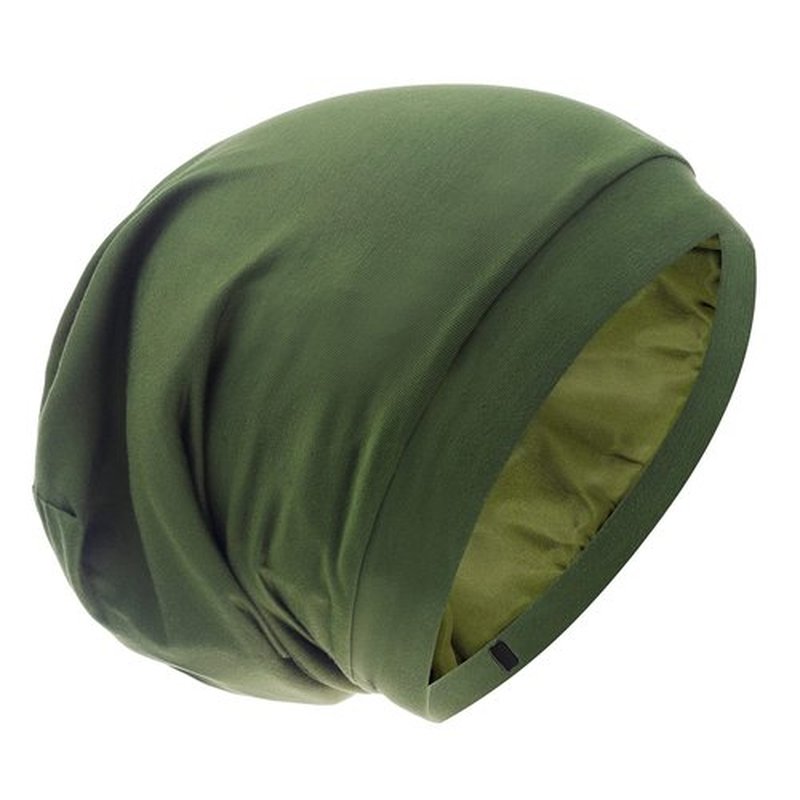 Silk Satin Lined Bonnet Sleep Cap - Adjustable Stay on All Night Hair Wrap Cover Slouchy Beanie for Curly Hair Protection for Women and Men - Solid Olive Green